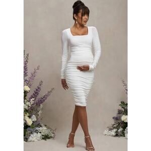 Club L London White Maternity Ruched Midi Dress Square Neck Size 8